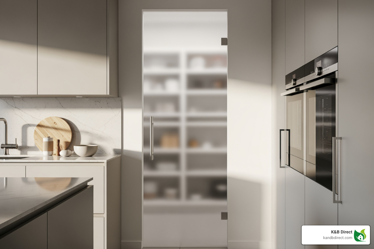 soft light filtering through a frosted glass pantry door into a kitchen - frosted glass doors
