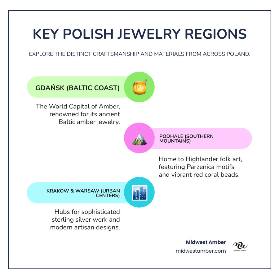 Infographic showing a map of Poland with key jewelry-making regions highlighted: Gdańsk on the Baltic coast labeled as "The World Capital of Amber" with amber stones, the Podhale mountain region in the south showing traditional Highlander designs with Parzenica motifs and red coral, and major cities like Kraków and Warsaw marked as centers for contemporary silver artisan work - polish jewelry infographic infographic-line-3-steps-colors