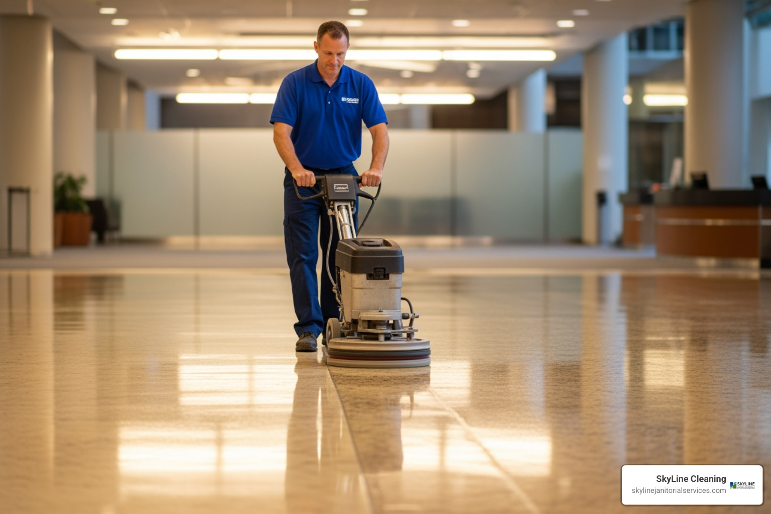 of a commercial floor being professionally waxed and polished - commercial cleaning barrington