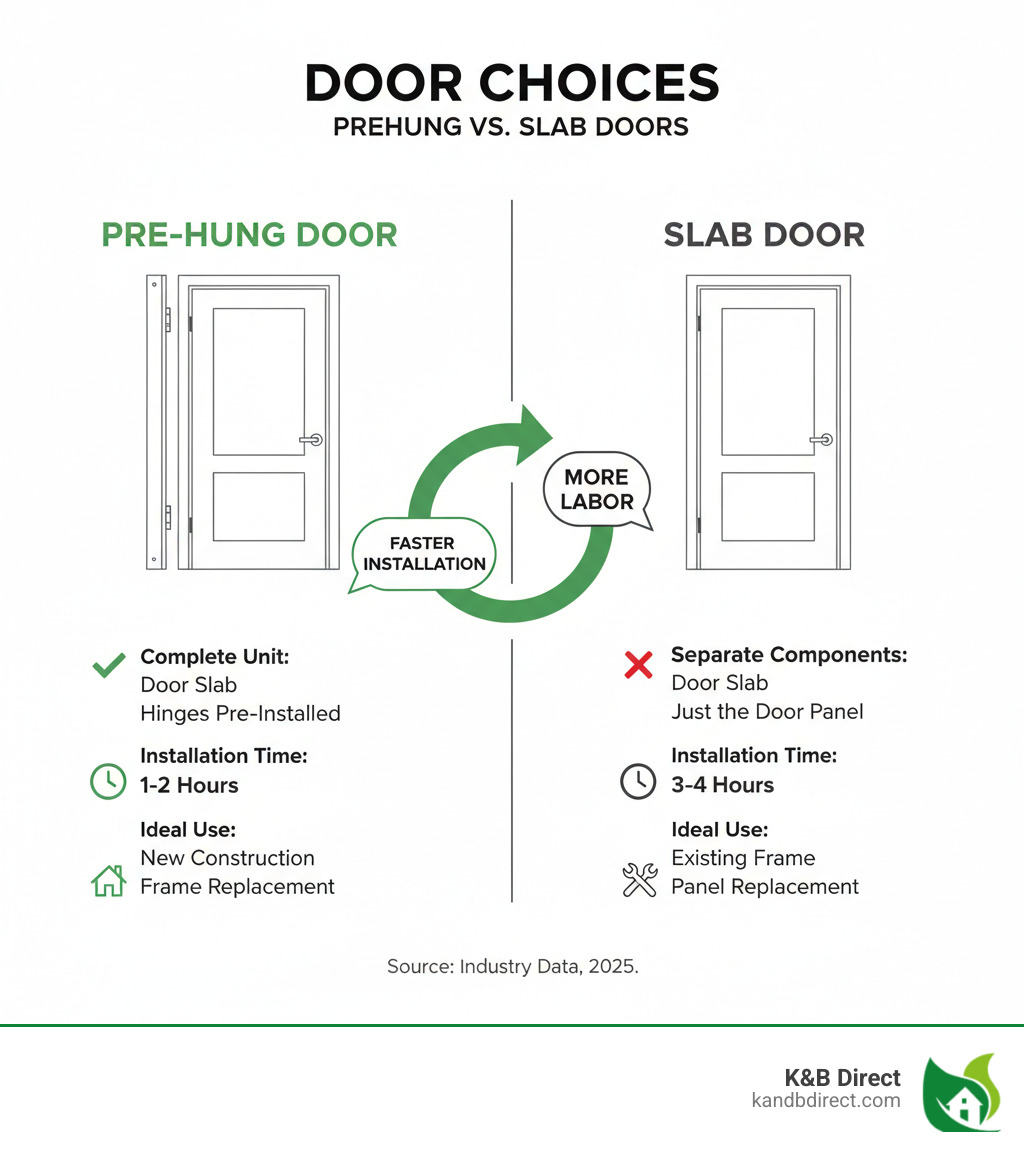 infographic comparing prehung doors versus slab doors, showing a prehung door as a complete unit with frame, jamb, hinges, and door slab pre-assembled, versus a slab door showing just the door panel alone requiring separate frame installation, with annotations highlighting installation time differences, components included, and ideal use cases for each option - White prehung doors infographic 