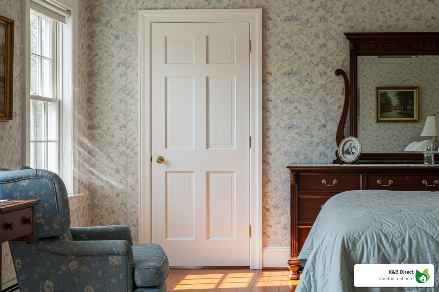 classic 6-panel white prehung door in a traditional bedroom - White prehung doors