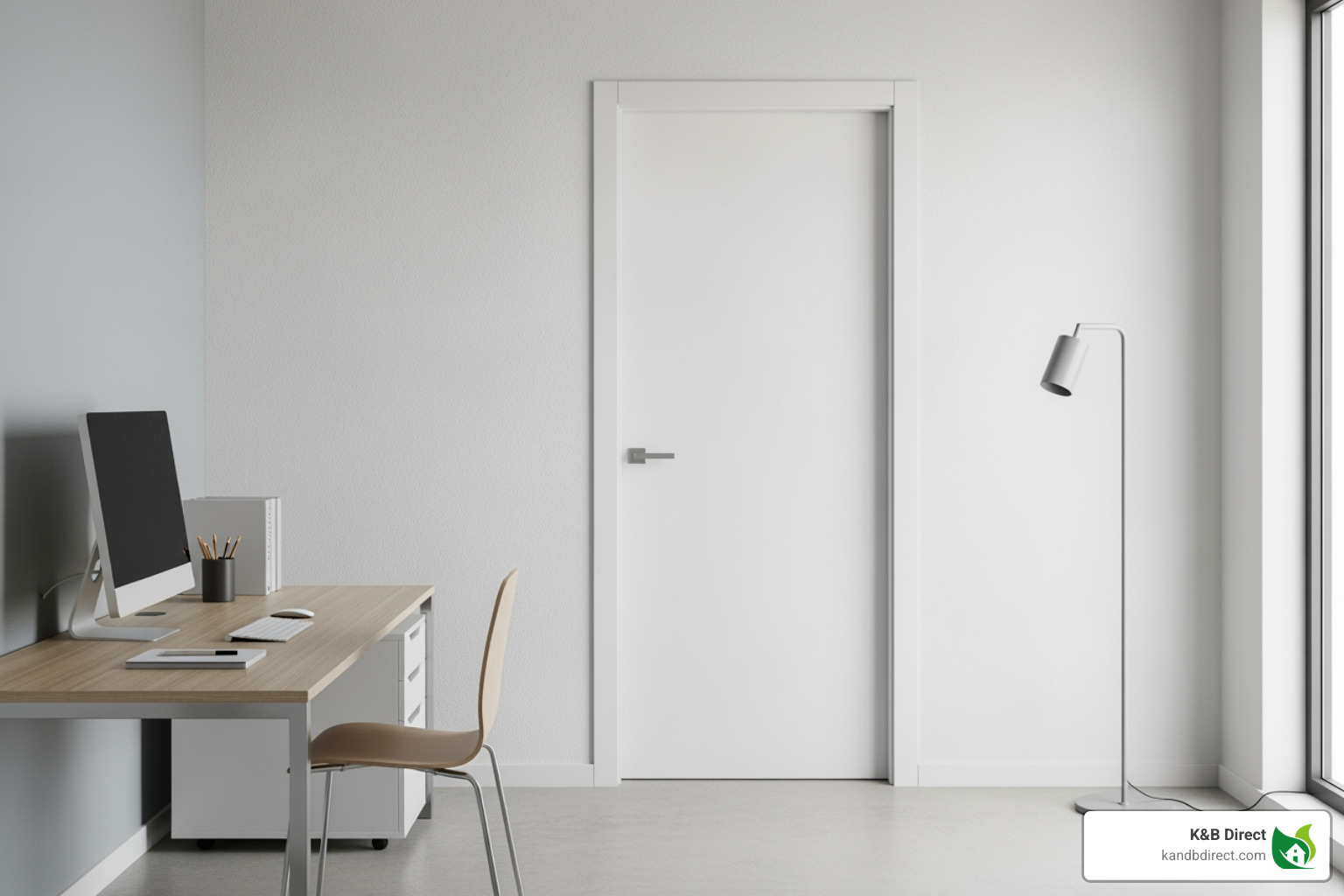 smooth, flush white prehung door in a minimalist office space - White prehung doors