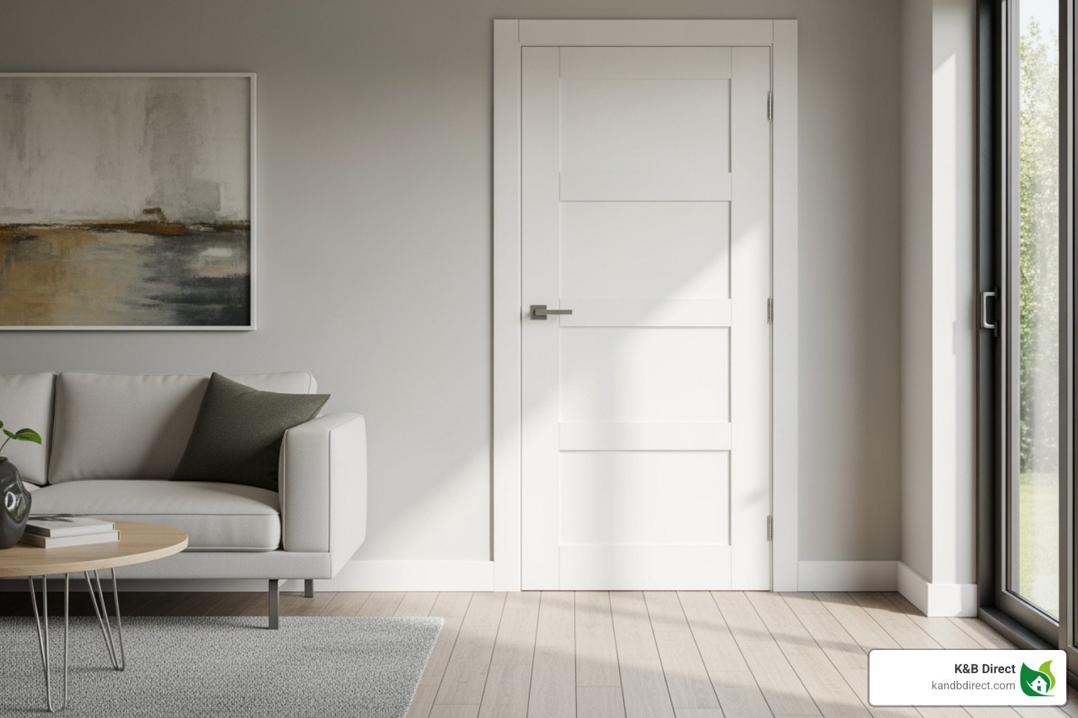 white 3-panel shaker prehung door in a modern living room - White prehung doors