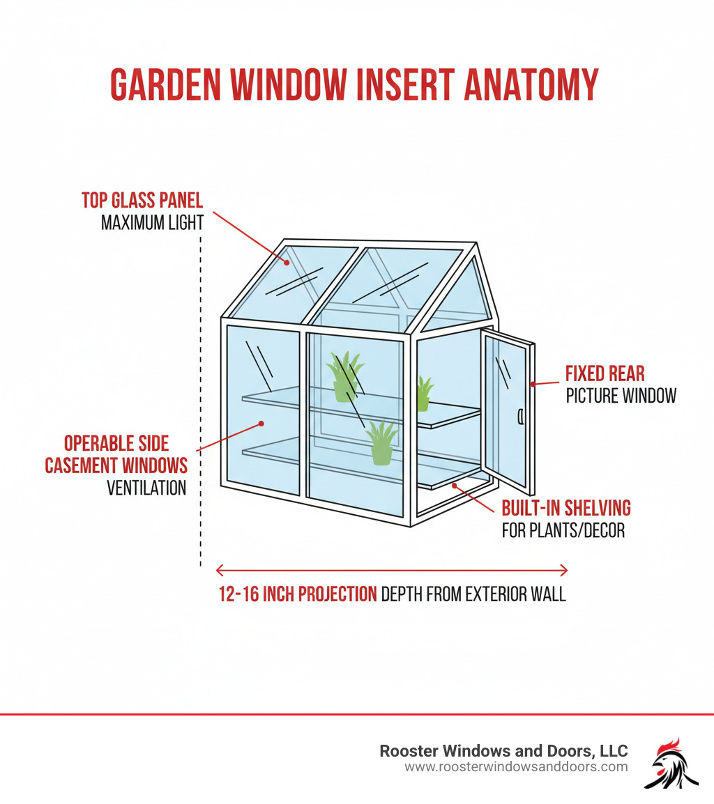 Infographic showing garden window insert anatomy: projecting glass box structure with labeled top glass panel for maximum light, operable side casement windows for ventilation, fixed rear picture window, built-in shelving for plants or decor, and 12-16 inch projection depth from exterior wall - garden window insert infographic 