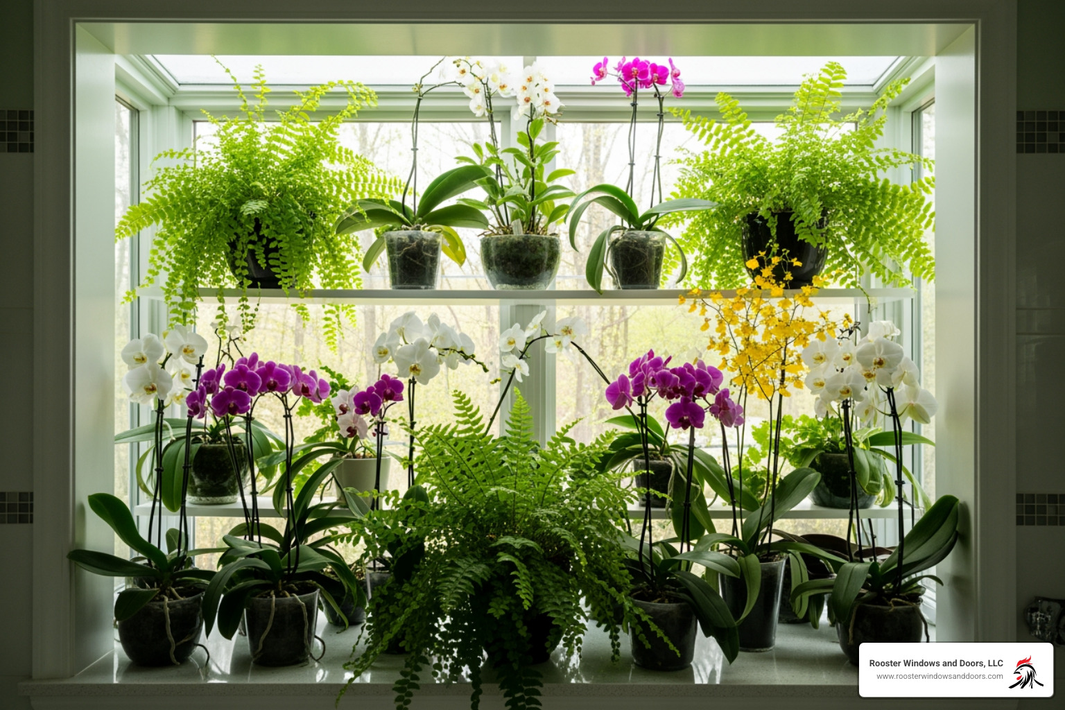 Garden window in a bathroom with orchids and ferns - garden window insert