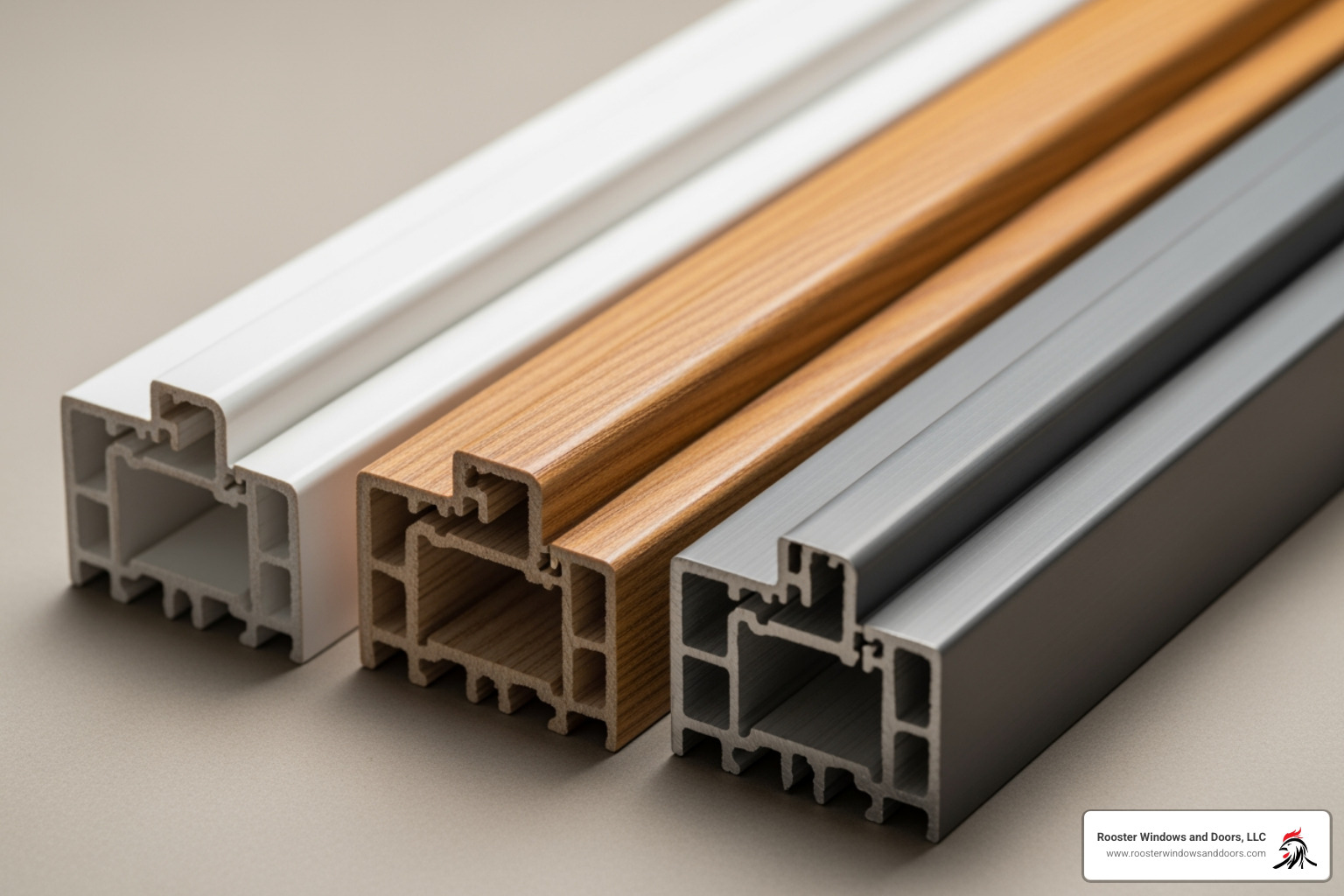 Close-up of different window frame materials - garden window insert