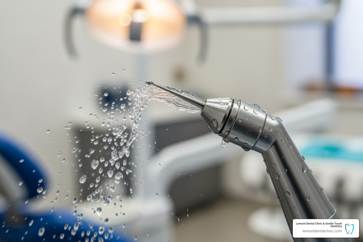 close-up of an ultrasonic scaler tip with water spray - ultrasonic teeth cleaning