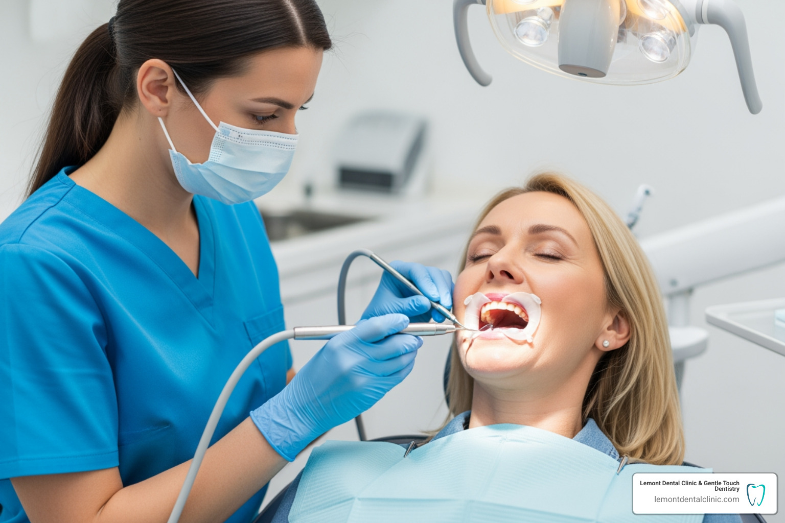 calm patient in a dental chair during a cleaning - ultrasonic teeth cleaning