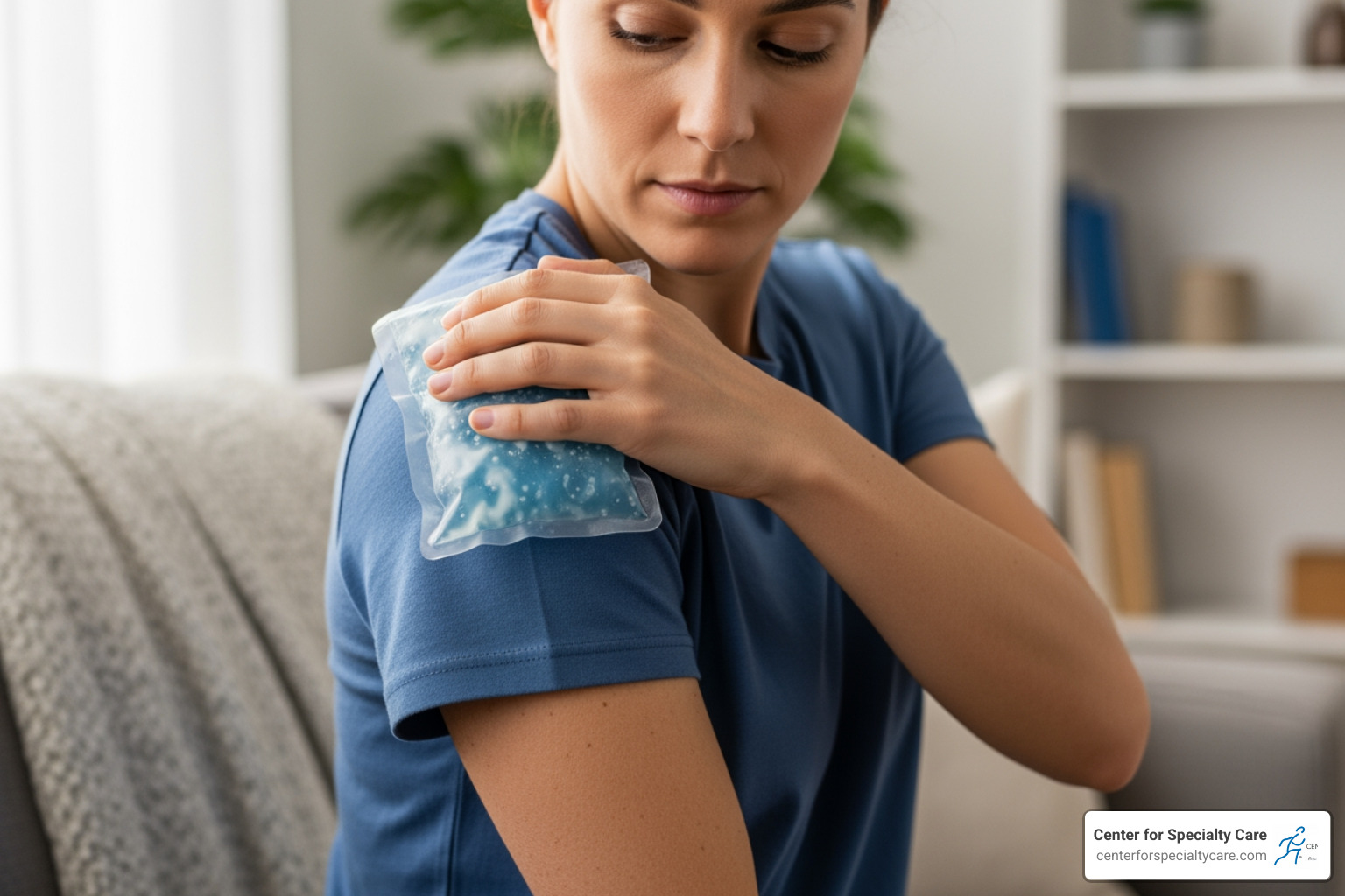person applying a cold pack to their shoulder - shoulder pain from sleeping