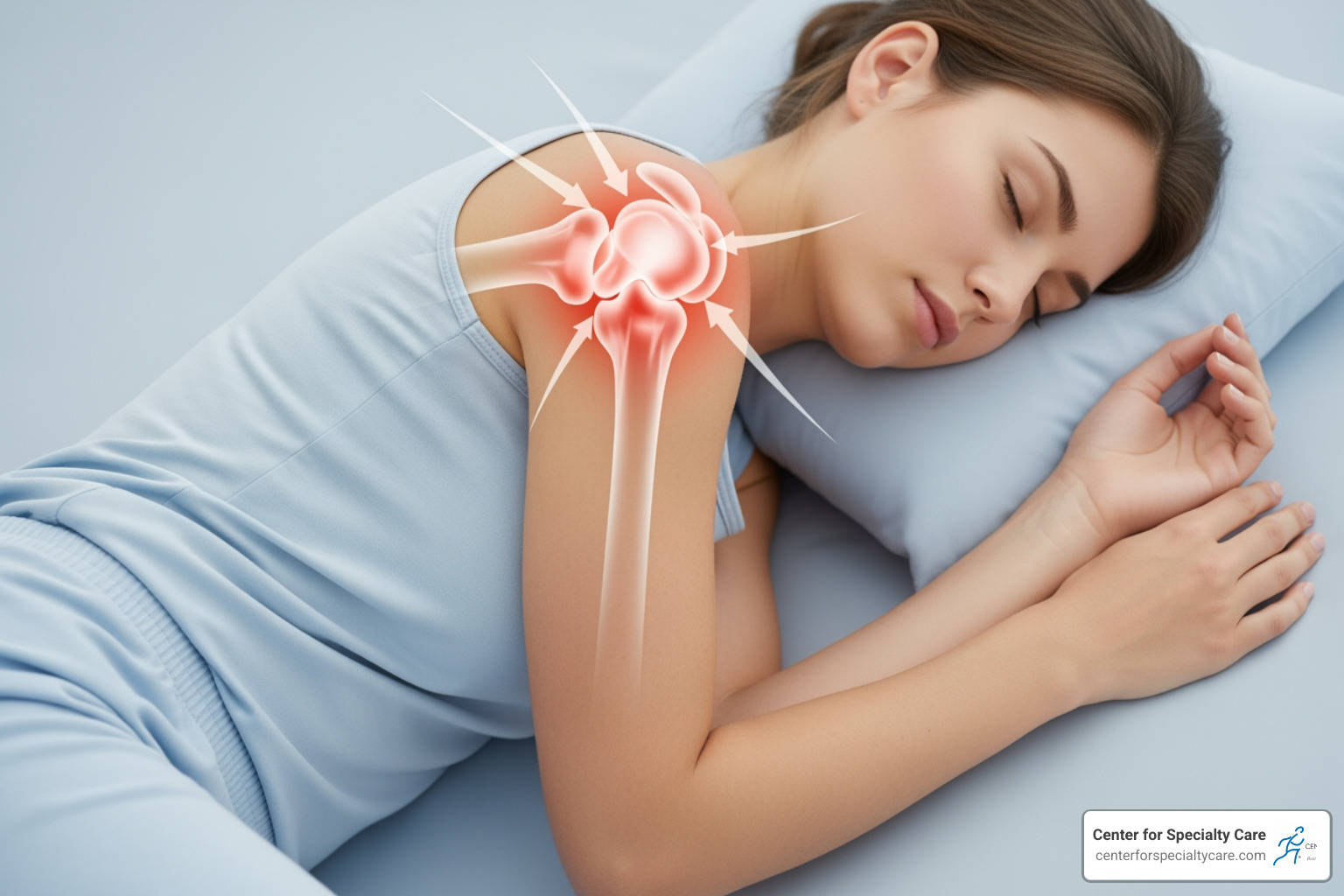 illustration of pressure on the shoulder joint during side sleeping - shoulder pain from sleeping