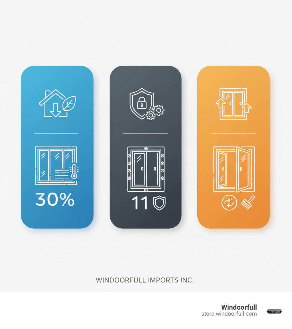 infographic showing three main benefits of European windows: 1. Energy Efficiency - triple glazing and multi-chambered frames reduce energy loss by up to 30%, 2. Enhanced Security - multi-point locking systems with up to 11 locking points and reinforced frames resist forced entry, 3. Versatile Functionality - tilt-and-turn operation provides safe ventilation or full opening with easy interior cleaning access - european windows in usa infographic infographic showing three main benefits of European windows: 1. Energy Efficiency - triple glazing and multi-chambered frames reduce energy loss by up to 30%, 2. Enhanced Security - multi-point locking systems with up to 11 locking points and reinforced frames resist forced entry, 3. Versatile Functionality - tilt-and-turn operation provides safe ventilation or full opening with easy interior cleaning access - european windows in usa infographic