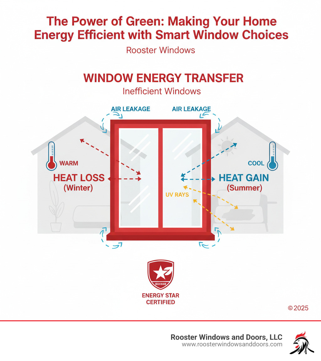 infographic showing heat loss and gain through windows with arrows indicating air leakage, UV rays entering, and temperature transfer between interior and exterior - energy star windows infographic infographic showing heat loss and gain through windows with arrows indicating air leakage, UV rays entering, and temperature transfer between interior and exterior - energy star windows infographic