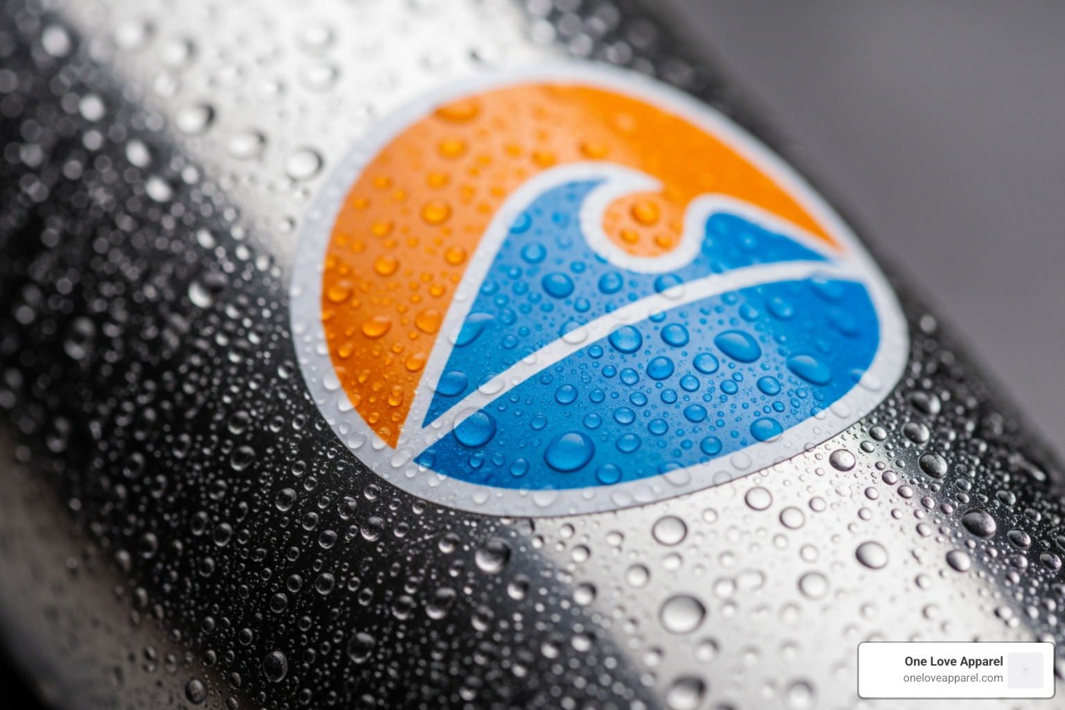 close-up of a high-quality vinyl sticker on a water bottle with water droplets on it to demonstrate its waterproof quality - stickers for water bottles