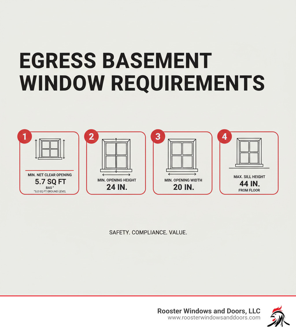 Infographic showing the four key egress window requirements: minimum net clear opening of 5.7 square feet for basements, minimum opening height of 24 inches, minimum opening width of 20 inches, and maximum sill height of 44 inches from the finished floor, with visual diagrams of each measurement - egress basement window infographic Infographic showing the four key egress window requirements: minimum net clear opening of 5.7 square feet for basements, minimum opening height of 24 inches, minimum opening width of 20 inches, and maximum sill height of 44 inches from the finished floor, with visual diagrams of each measurement - egress basement window infographic