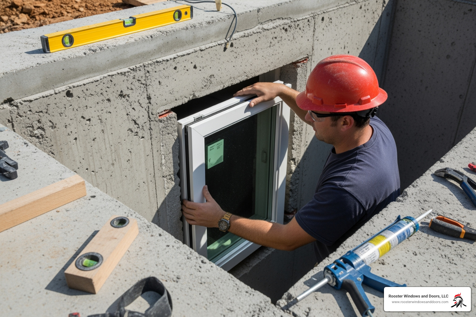 Image of a professional installer carefully fitting an egress window into a concrete foundation - egress basement window Image of a professional installer carefully fitting an egress window into a concrete foundation - egress basement window