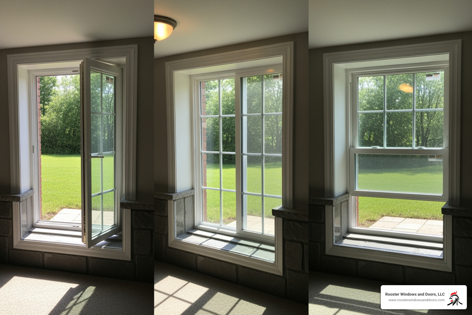 Image showing side-by-side examples of casement, sliding, and single-hung egress windows - egress basement window Image showing side-by-side examples of casement, sliding, and single-hung egress windows - egress basement window