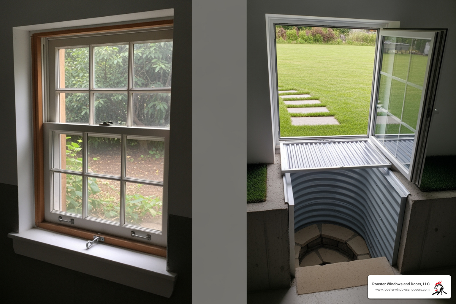 Image comparing a small, standard basement hopper window to a large, modern egress window - egress basement window Image comparing a small, standard basement hopper window to a large, modern egress window - egress basement window