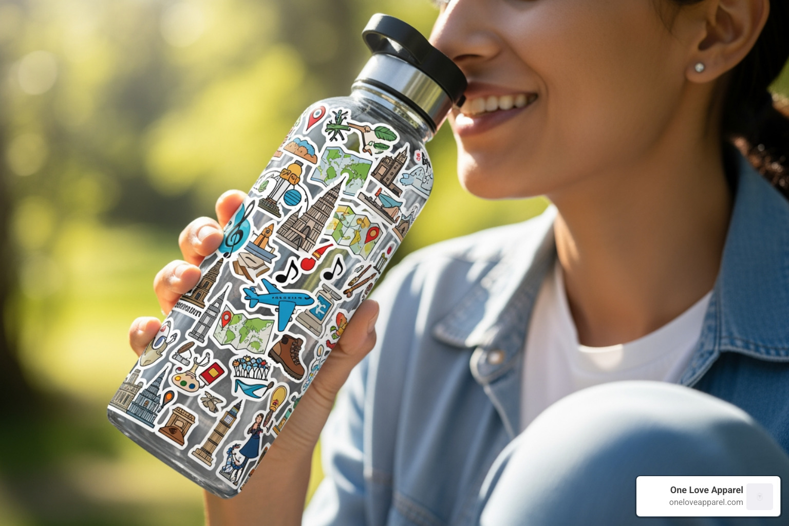 someone happily drinking from a water bottle covered in stickers that reflect their personality, like travel and hobbies - stickers for water bottles