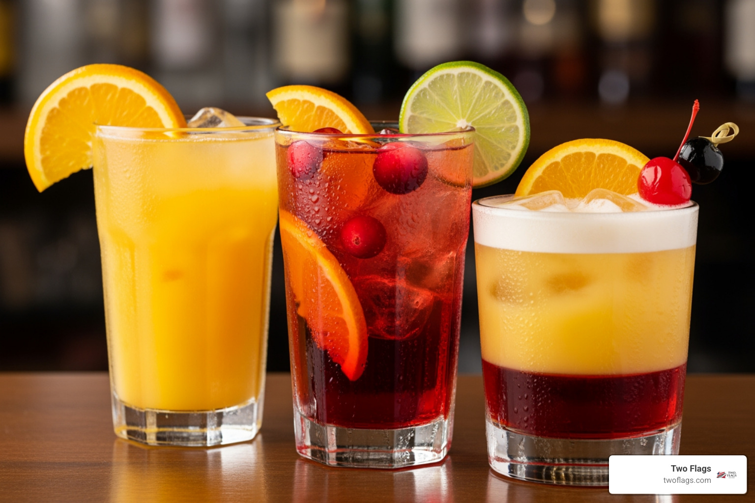 three different cocktails: a Screwdriver, a Madras, and a Harvey Wallbanger - cocktails screwdriver