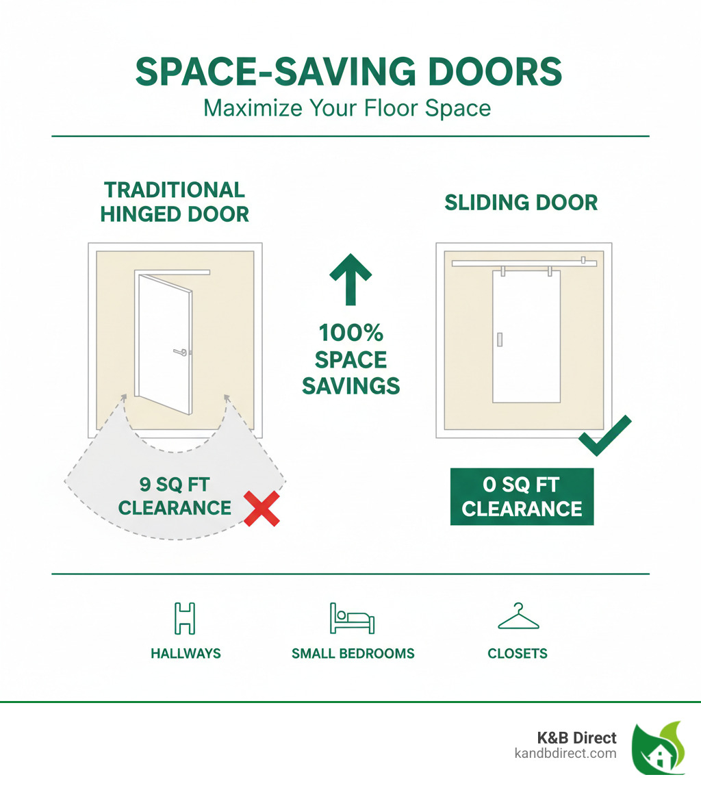 Infographic comparing floor space requirements: traditional hinged door requiring 9 square feet of clearance arc versus sliding door requiring zero floor clearance, showing 100% space savings in tight areas like hallways, small bedrooms, and closets - White sliding doors infographic Infographic comparing floor space requirements: traditional hinged door requiring 9 square feet of clearance arc versus sliding door requiring zero floor clearance, showing 100% space savings in tight areas like hallways, small bedrooms, and closets - White sliding doors infographic