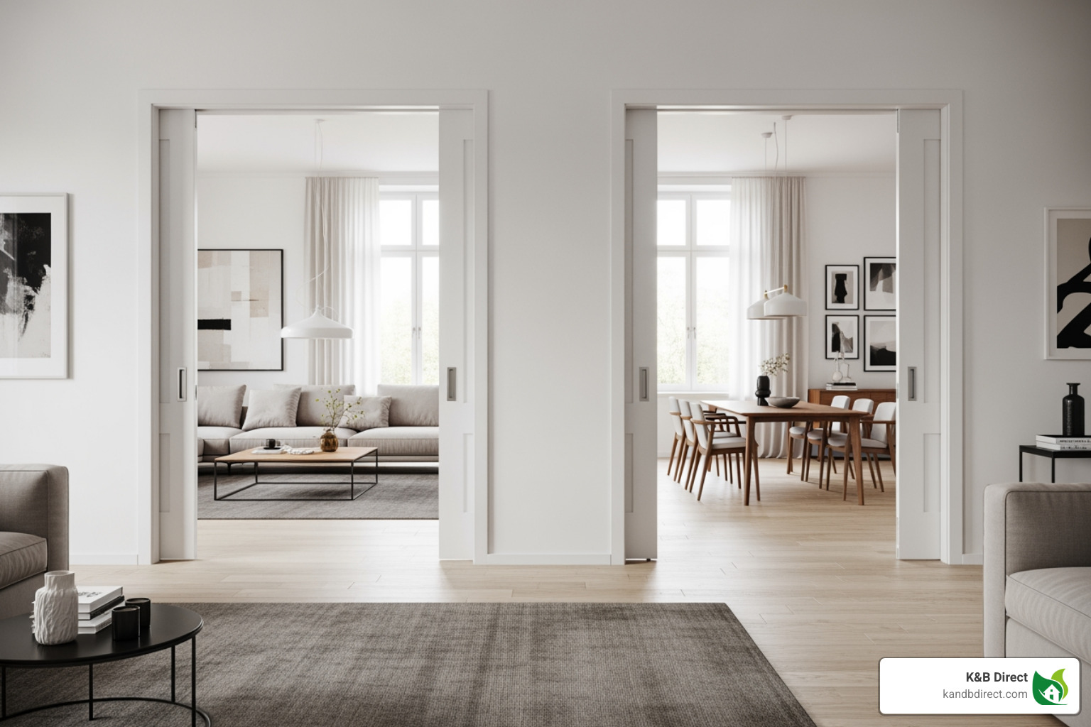 large open-plan area divided by white sliding doors - White sliding doors large open-plan area divided by white sliding doors - White sliding doors