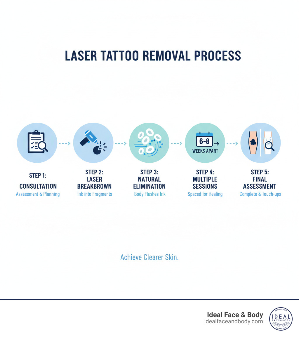 Infographic showing the laser tattoo removal process: Step 1 - Initial consultation and assessment of tattoo size, color, age, and skin type; Step 2 - Laser breaks down ink particles into smaller fragments; Step 3 - Body's immune system naturally flushes out broken-down ink; Step 4 - Multiple sessions spaced 6-8 weeks apart for complete removal; Step 5 - Final assessment and optional touch-ups. Includes icons for consultation clipboard, laser device, white blood cells, calendar showing session spacing, and before/after comparison - Tattoo Removal Cost infographic 