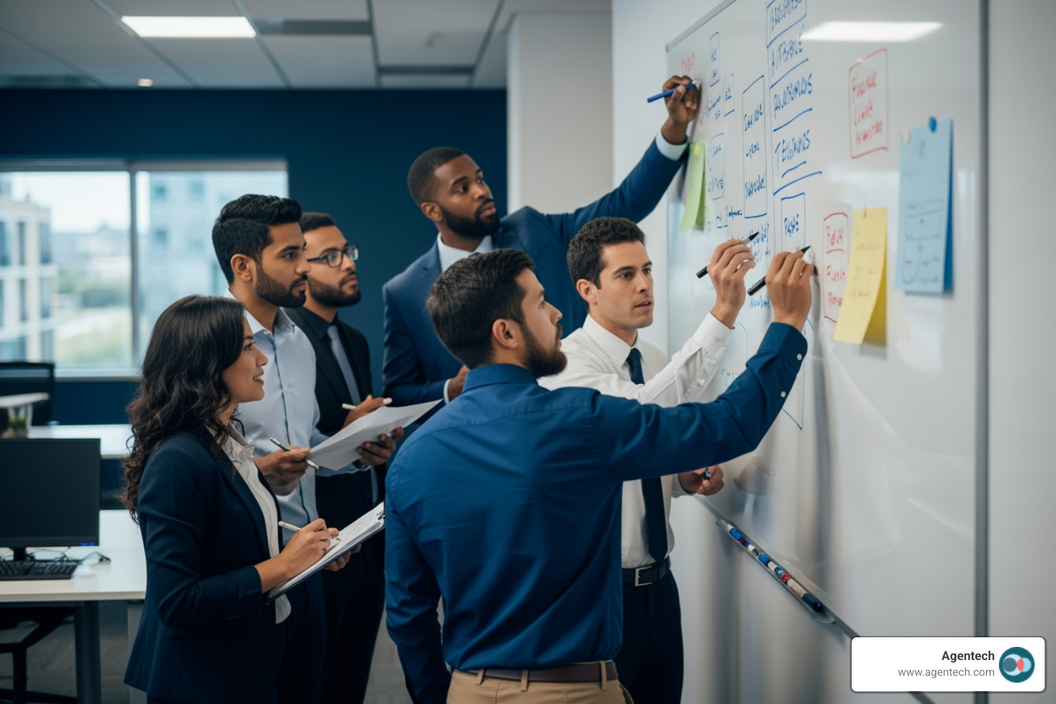 a collaborative team of adjusters and IT professionals planning an implementation on a whiteboard - Faster claims resolution tools