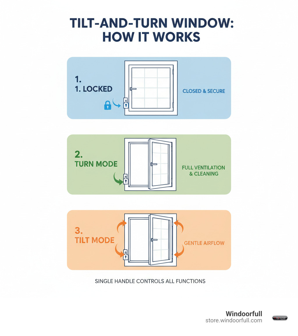 infographic showing tilt-and-turn window operation with three handle positions: handle down for locked position with closed window, handle horizontal for turn mode with window swinging fully inward like a door, and handle up for tilt mode with window tilting inward from top - tilt-and-turn window infographic infographic showing tilt-and-turn window operation with three handle positions: handle down for locked position with closed window, handle horizontal for turn mode with window swinging fully inward like a door, and handle up for tilt mode with window tilting inward from top - tilt-and-turn window infographic