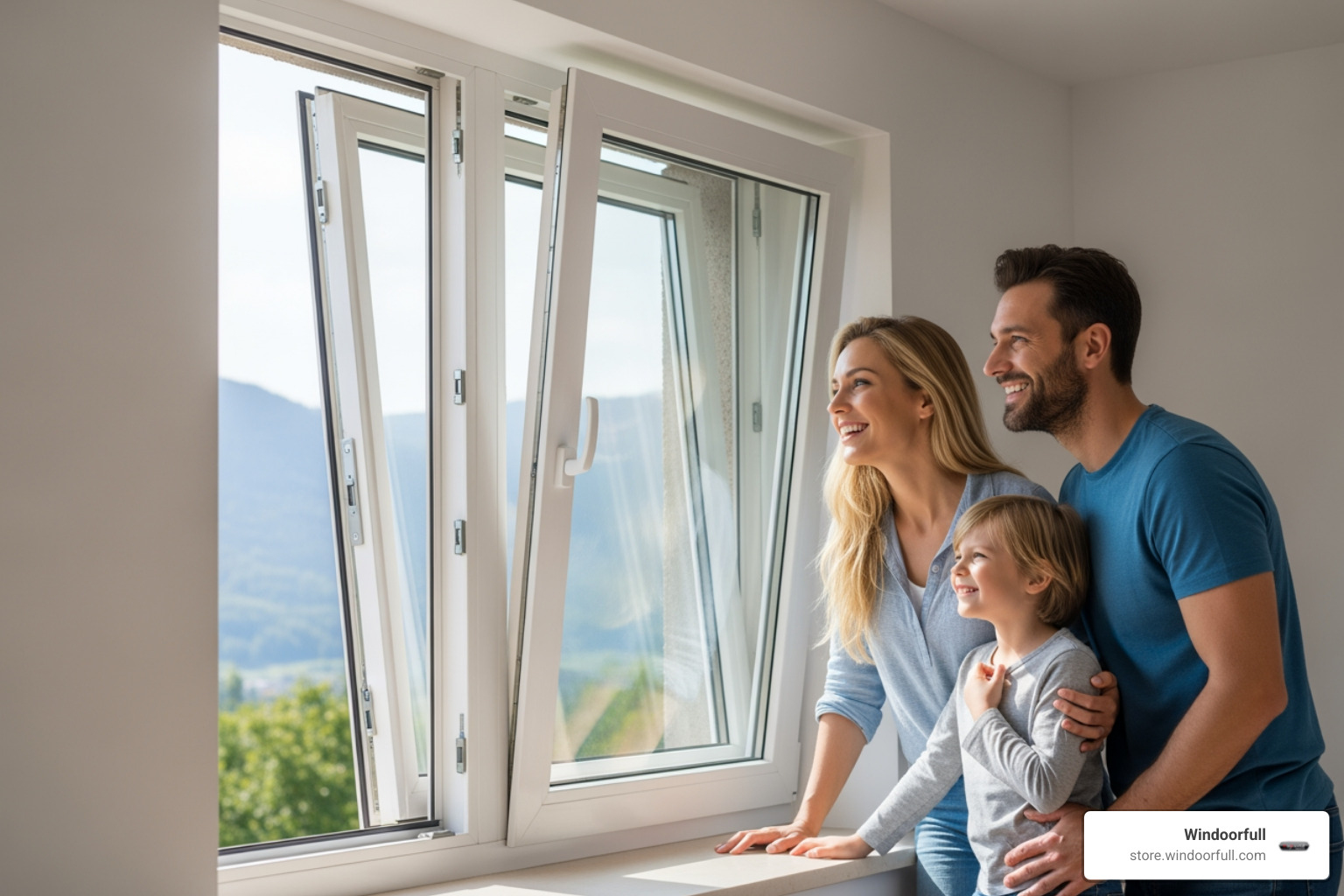 family enjoying view and fresh air from open tilt-and-turn window - tilt-and-turn window family enjoying view and fresh air from open tilt-and-turn window - tilt-and-turn window