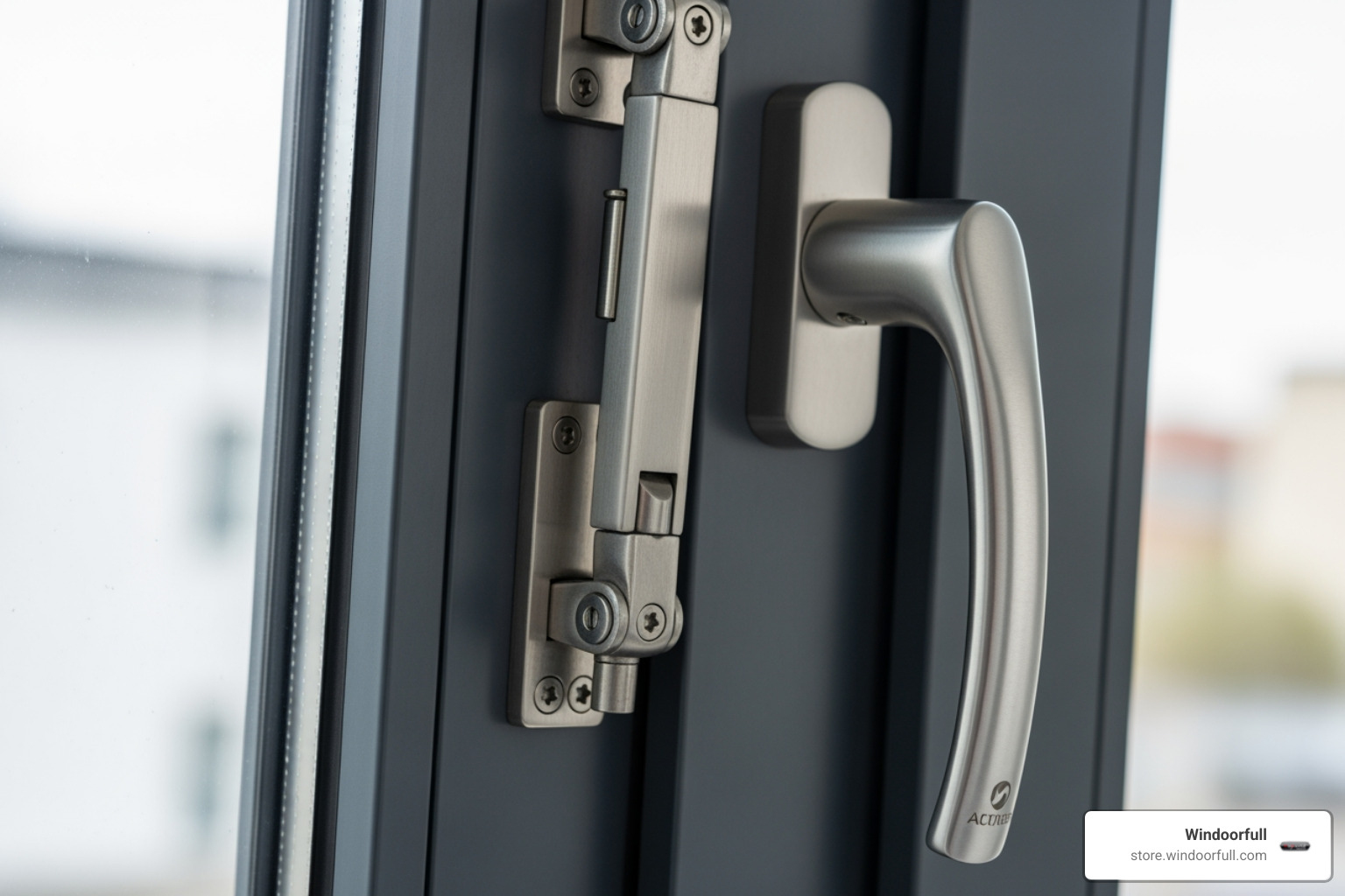 close-up on robust hinge and handle mechanism of a tilt-and-turn window - tilt-and-turn window close-up on robust hinge and handle mechanism of a tilt-and-turn window - tilt-and-turn window