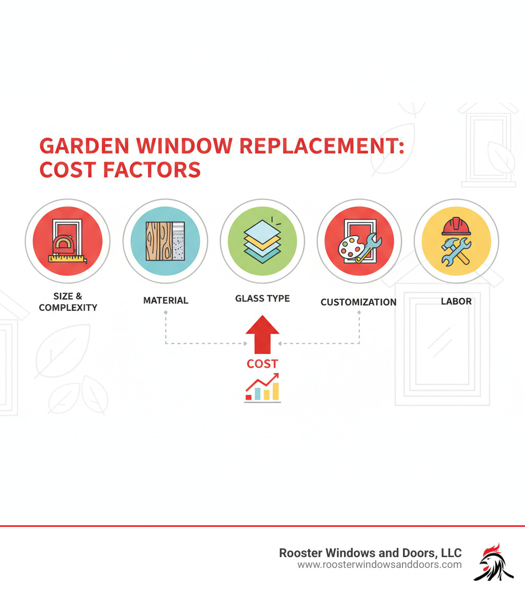 Garden window replacement cost factors including size, material, glass type, customization, and labor - garden window replacement infographic Garden window replacement cost factors including size, material, glass type, customization, and labor - garden window replacement infographic
