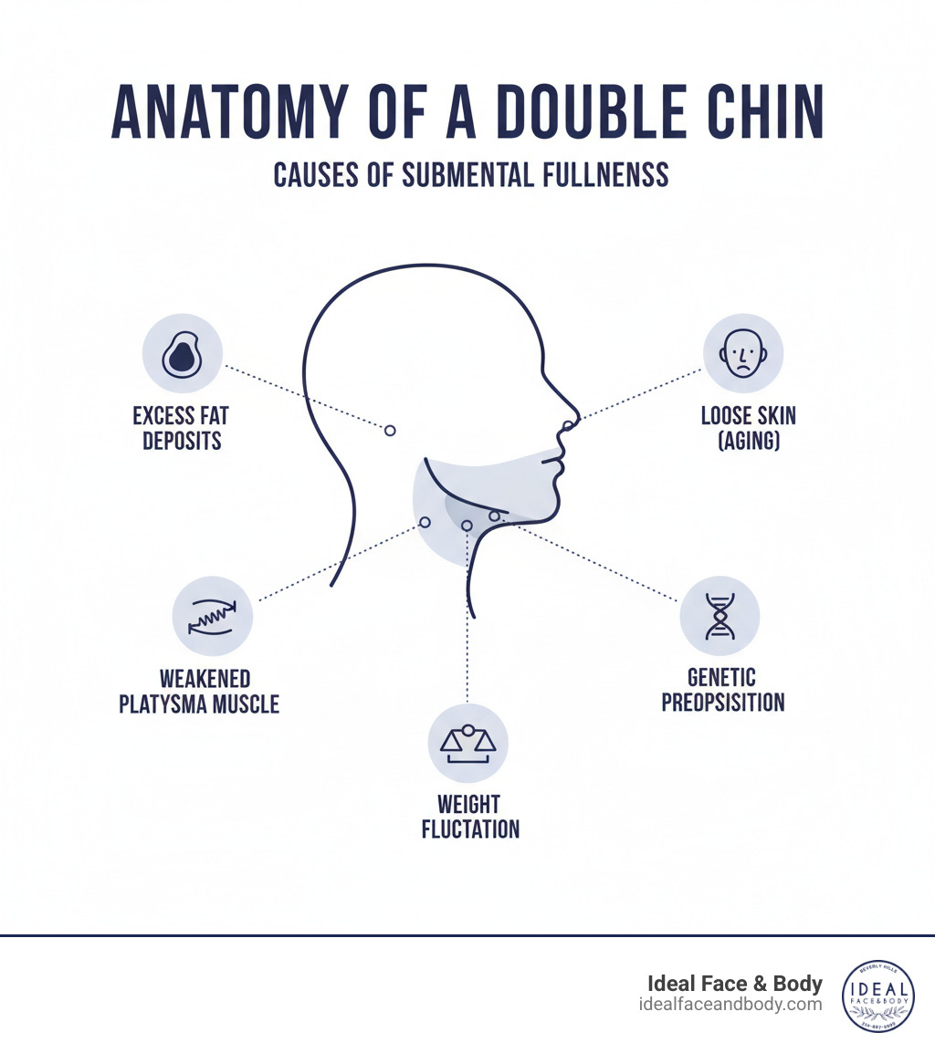 Infographic showing anatomy of submental area with labeled causes of double chin including excess fat deposits, weakened platysma muscle, loose skin from aging, genetic predisposition, and weight fluctuation factors - double chin removal cost infographic Infographic showing anatomy of submental area with labeled causes of double chin including excess fat deposits, weakened platysma muscle, loose skin from aging, genetic predisposition, and weight fluctuation factors - double chin removal cost infographic