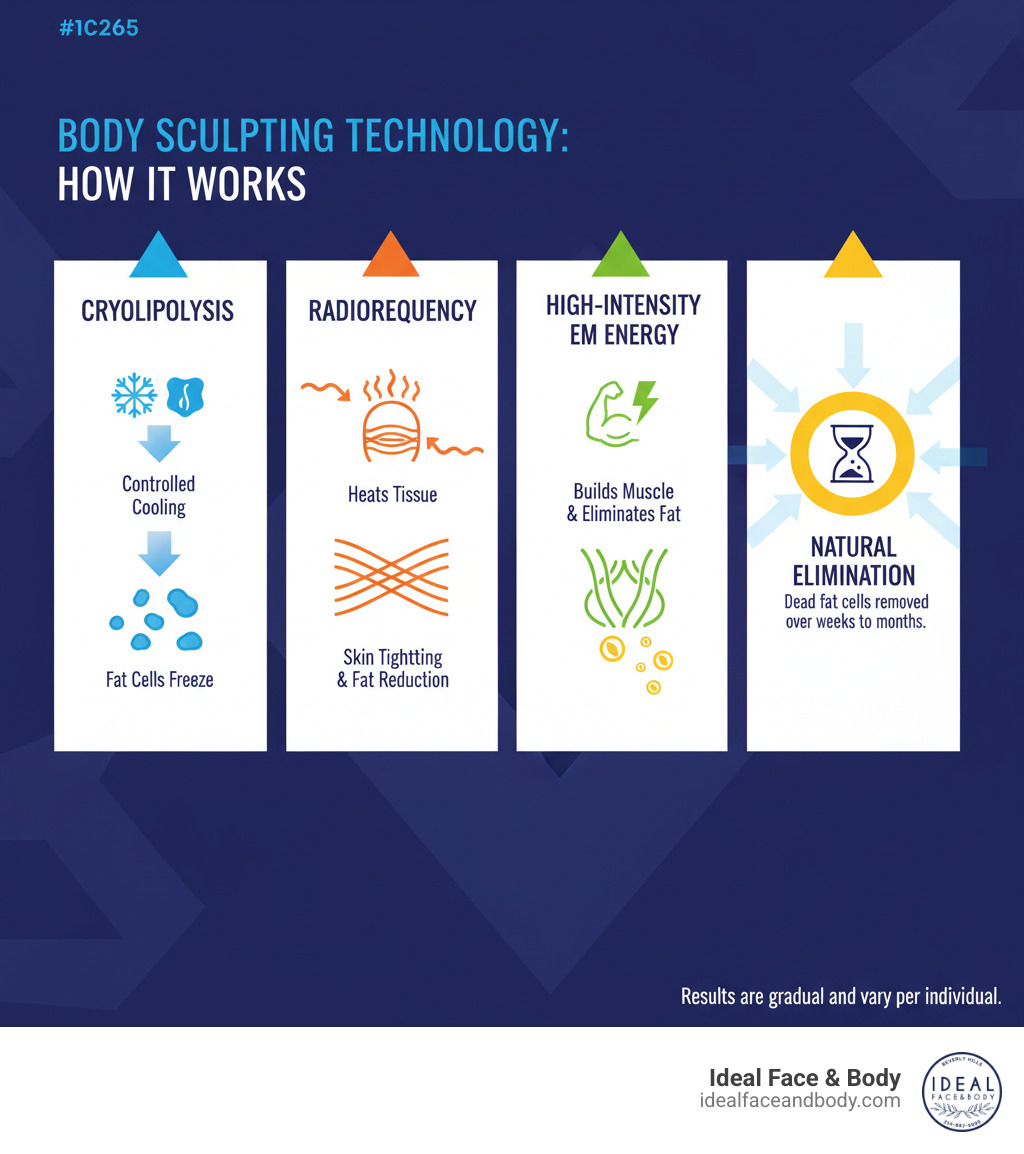 Infographic showing how body sculpting technologies work: cryolipolysis uses controlled cooling to freeze fat cells, radiofrequency heats tissue to tighten skin and reduce fat, high-intensity electromagnetic energy builds muscle while eliminating fat cells, and all methods lead to natural elimination of dead fat cells over weeks to months - body sculpting before after infographic Infographic showing how body sculpting technologies work: cryolipolysis uses controlled cooling to freeze fat cells, radiofrequency heats tissue to tighten skin and reduce fat, high-intensity electromagnetic energy builds muscle while eliminating fat cells, and all methods lead to natural elimination of dead fat cells over weeks to months - body sculpting before after infographic
