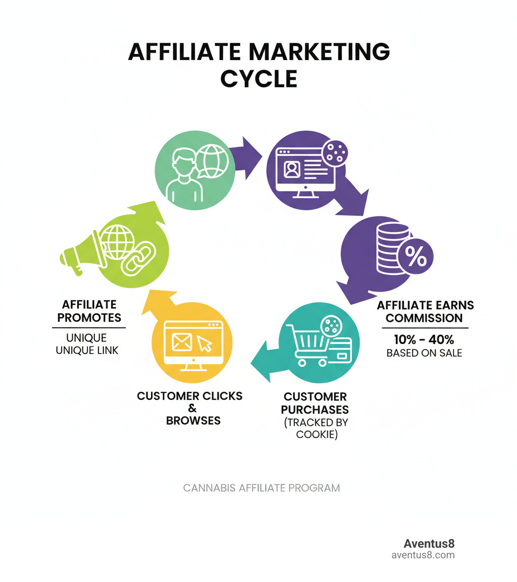 infographic showing the affiliate marketing cycle: affiliate promotes product through unique link, customer clicks link and browses products, customer makes purchase tracked by cookie, affiliate earns commission based on sale with percentages ranging from 10% to 40% - Affiliate program cannabis infographic 