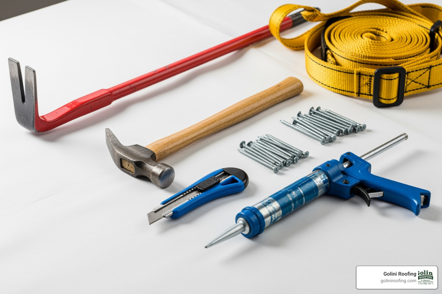 Essential tools for shingle repair laid out on a clean surface, including a pry bar, hammer, utility knife, caulking gun, roofing nails, and a safety harness - Damaged roof shingles Essential tools for shingle repair laid out on a clean surface, including a pry bar, hammer, utility knife, caulking gun, roofing nails, and a safety harness - Damaged roof shingles