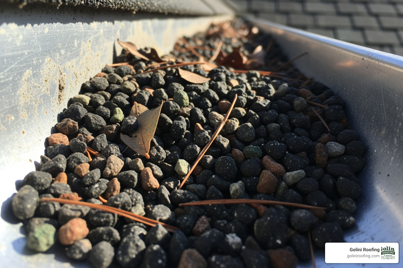 Shingle granules collected in a gutter - Damaged roof shingles Shingle granules collected in a gutter - Damaged roof shingles
