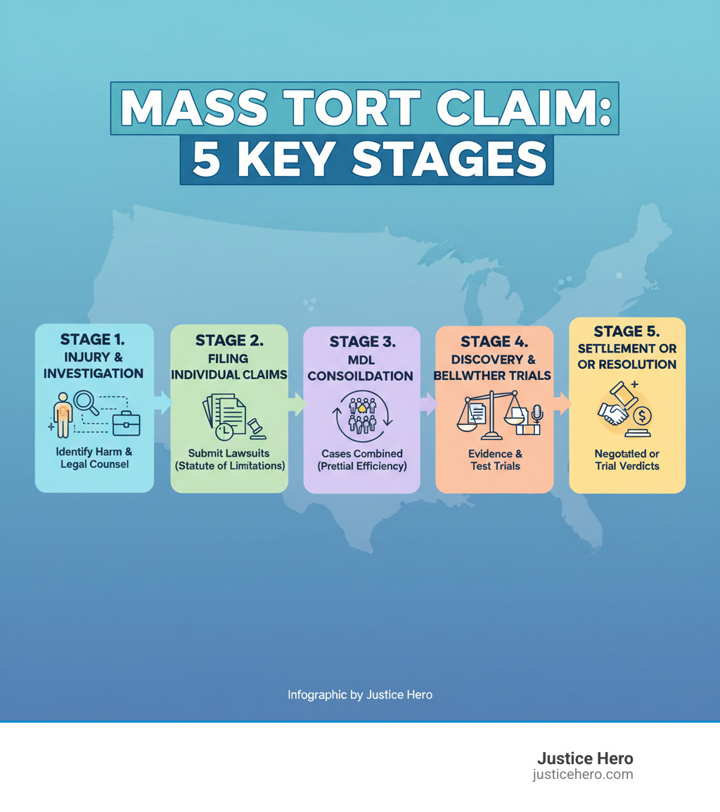 Infographic showing the 5 main stages of a mass tort claim: Stage 1 - Injury & Investigation (identifying harm and finding legal counsel), Stage 2 - Filing Individual Claims (submitting lawsuits within statute of limitations), Stage 3 - MDL Consolidation (cases combined for pretrial efficiency), Stage 4 - Discovery & Bellwether Trials (evidence gathering and test trials), Stage 5 - Settlement or Resolution (negotiated settlements or individual trial verdicts) - mass tort claim process infographic 