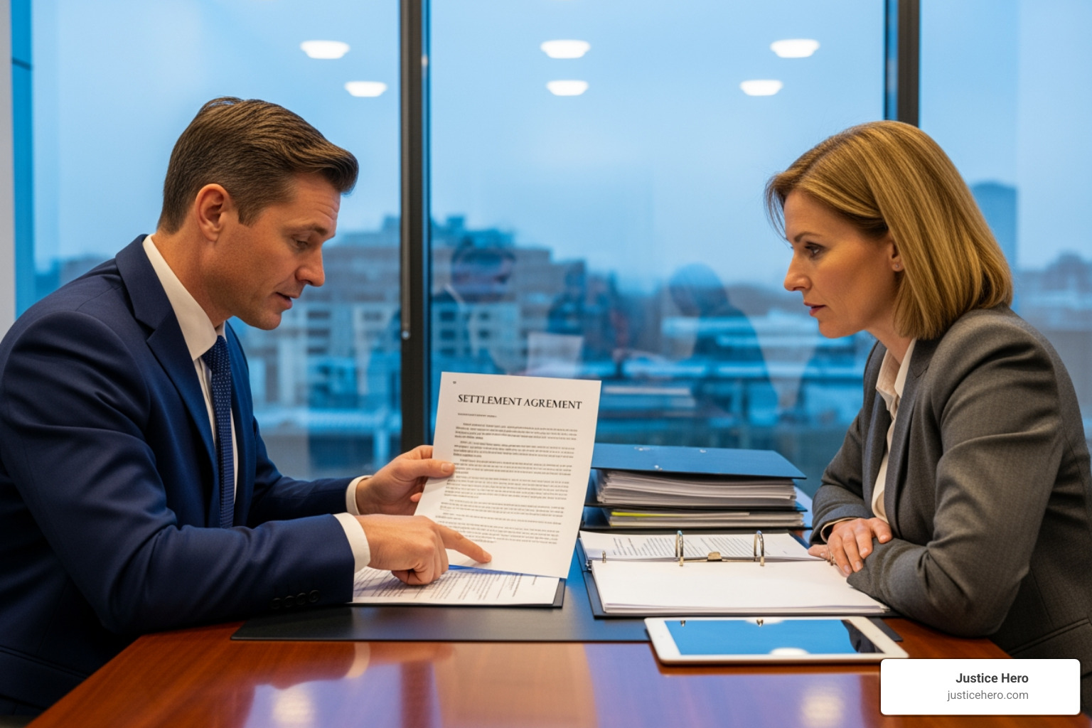 person reviewing a settlement document with their lawyer - mass tort claim process