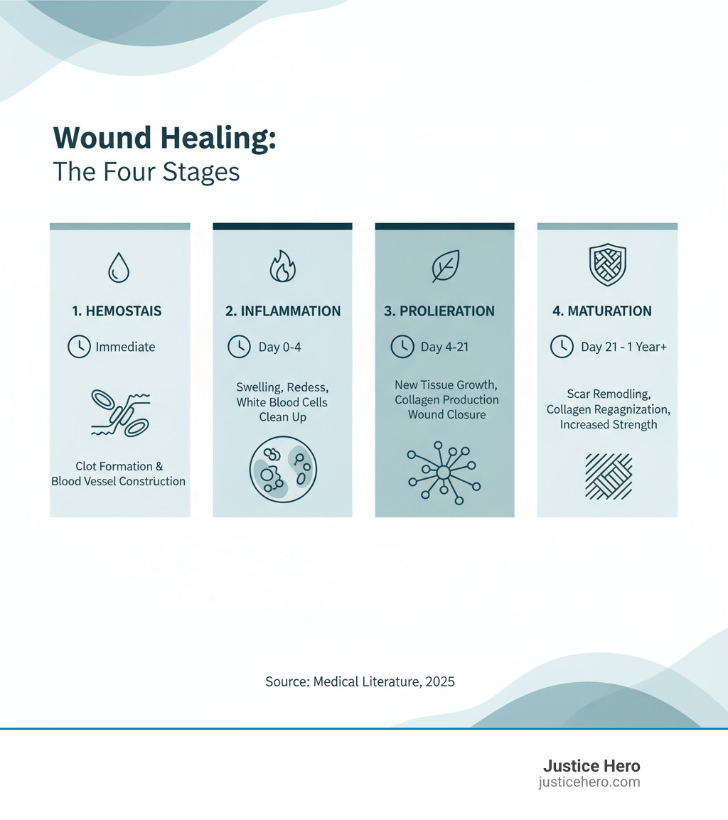 infographic explaining the four stages of wound healing: hemostasis, inflammation, proliferation, and maturation, with timeline and key processes at each stage - Painful scar tissue infographic 