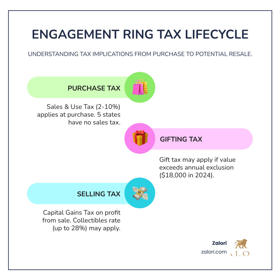 infographic showing engagement ring tax lifecycle from purchase sales tax through gift tax considerations to potential capital gains tax on resale - tax on engagement ring infographic infographic-line-3-steps-colors infographic showing engagement ring tax lifecycle from purchase sales tax through gift tax considerations to potential capital gains tax on resale - tax on engagement ring infographic infographic-line-3-steps-colors