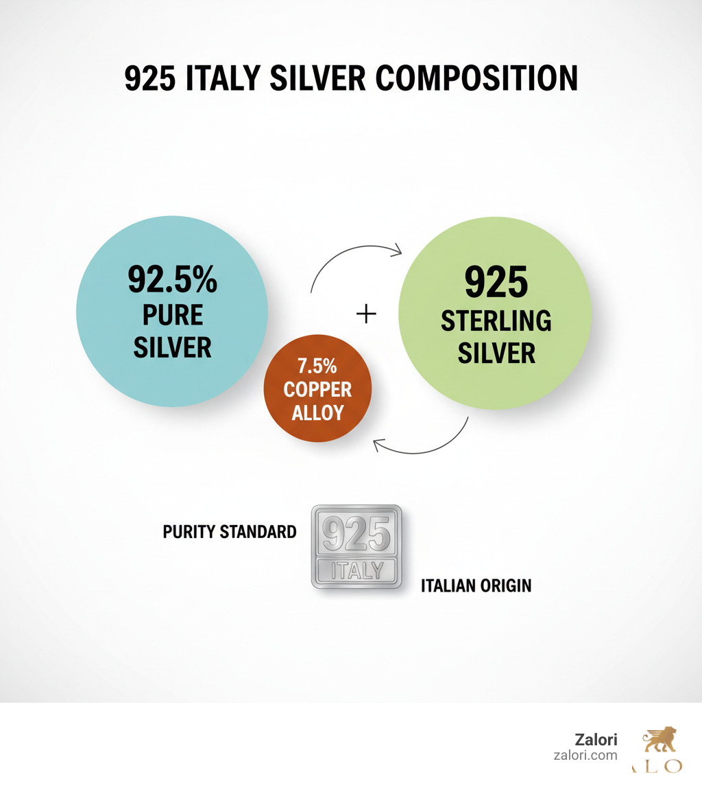 Infographic showing 925 sterling silver composition: 92.5% pure silver represented by a large circle, 7.5% copper alloy in a smaller circle, with the 925 Italy stamp illustrated and labeled to show both the purity standard and Italian origin marking - 925 italy bracelet infographic Infographic showing 925 sterling silver composition: 92.5% pure silver represented by a large circle, 7.5% copper alloy in a smaller circle, with the 925 Italy stamp illustrated and labeled to show both the purity standard and Italian origin marking - 925 italy bracelet infographic
