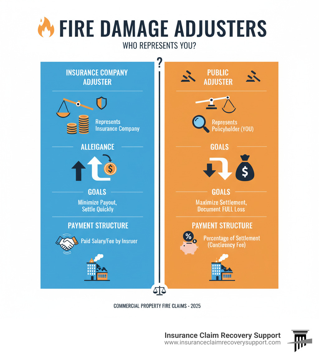 Infographic comparing the allegiances, goals, and payment structures of insurance company adjusters versus public adjusters in fire damage claims for commercial properties - Fire damage adjuster infographic 