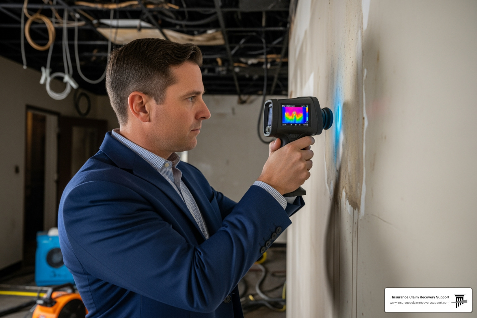 Public adjuster using a thermal camera to detect hidden water damage - Fire damage adjuster