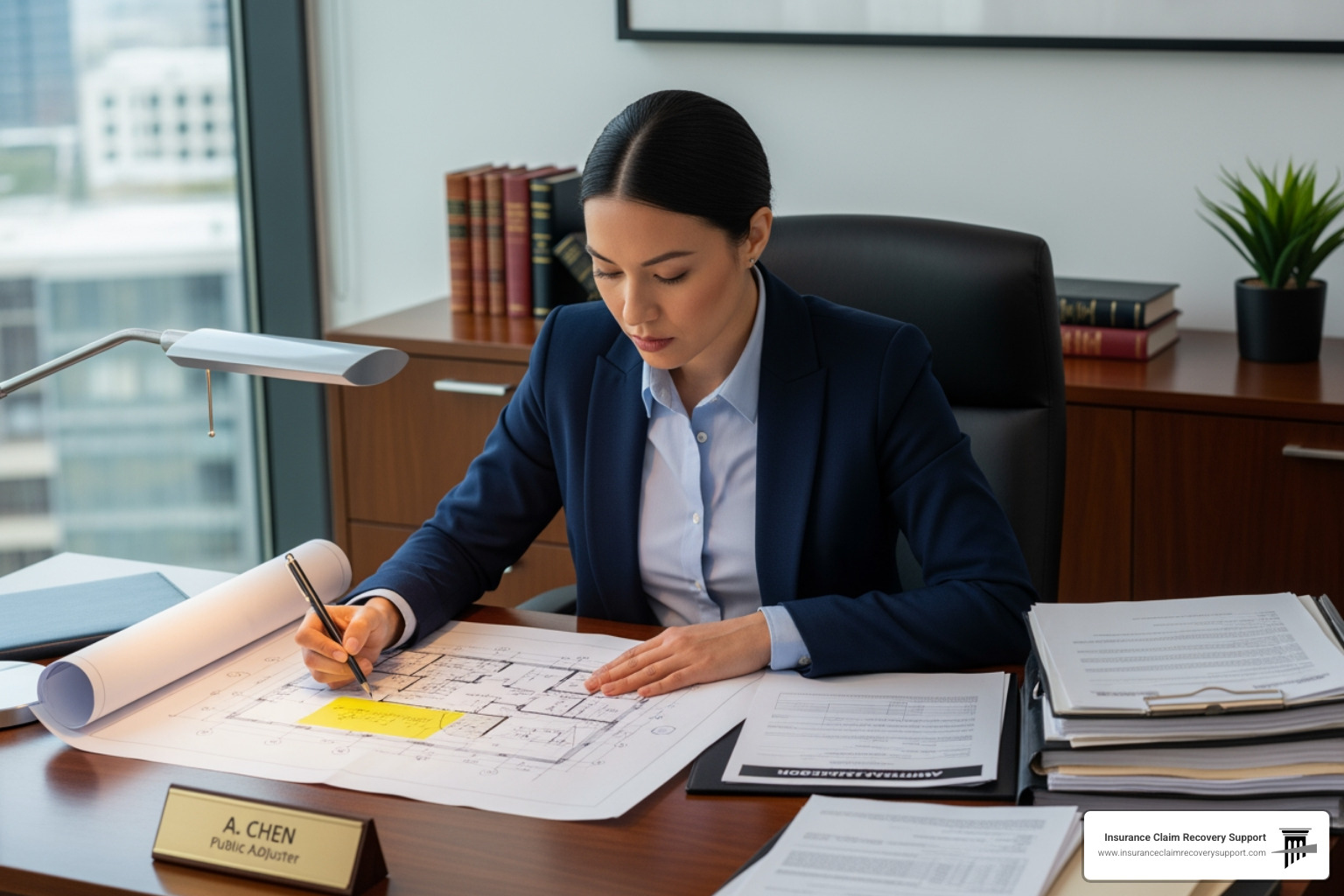 Public adjuster reviewing blueprints and documents at a desk - Fire damage adjuster