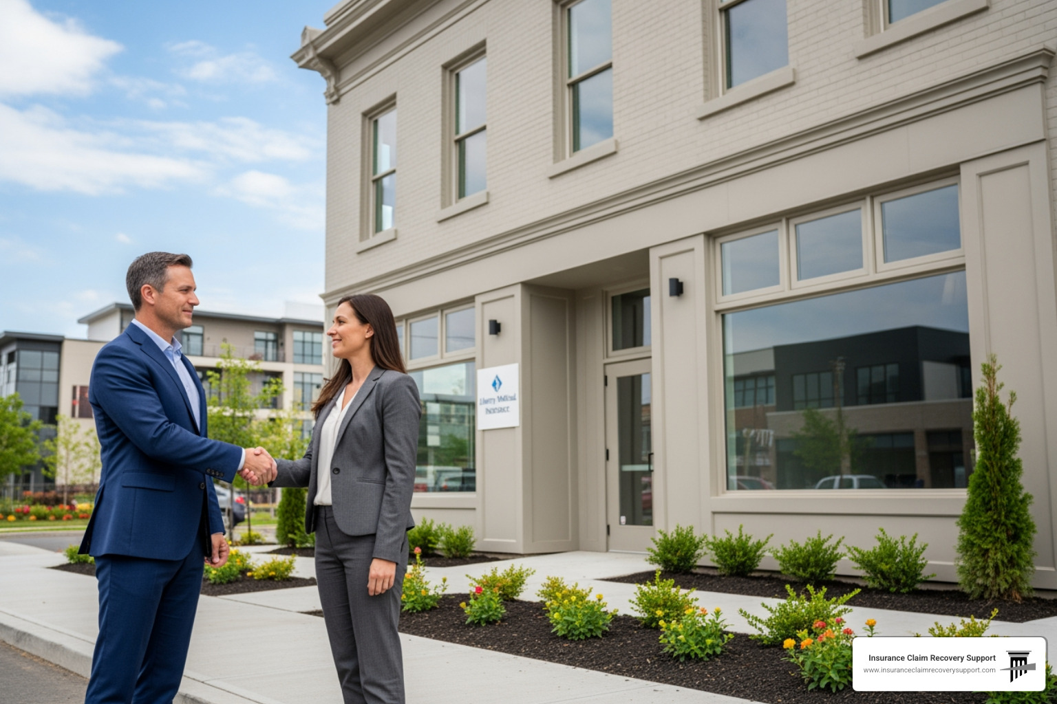 Policyholder and a public adjuster shaking hands in front of a restored property - Fire damage adjuster
