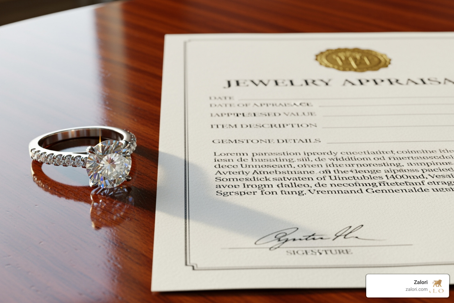 Jewelry appraisal document next to a ring - tax on engagement ring Jewelry appraisal document next to a ring - tax on engagement ring