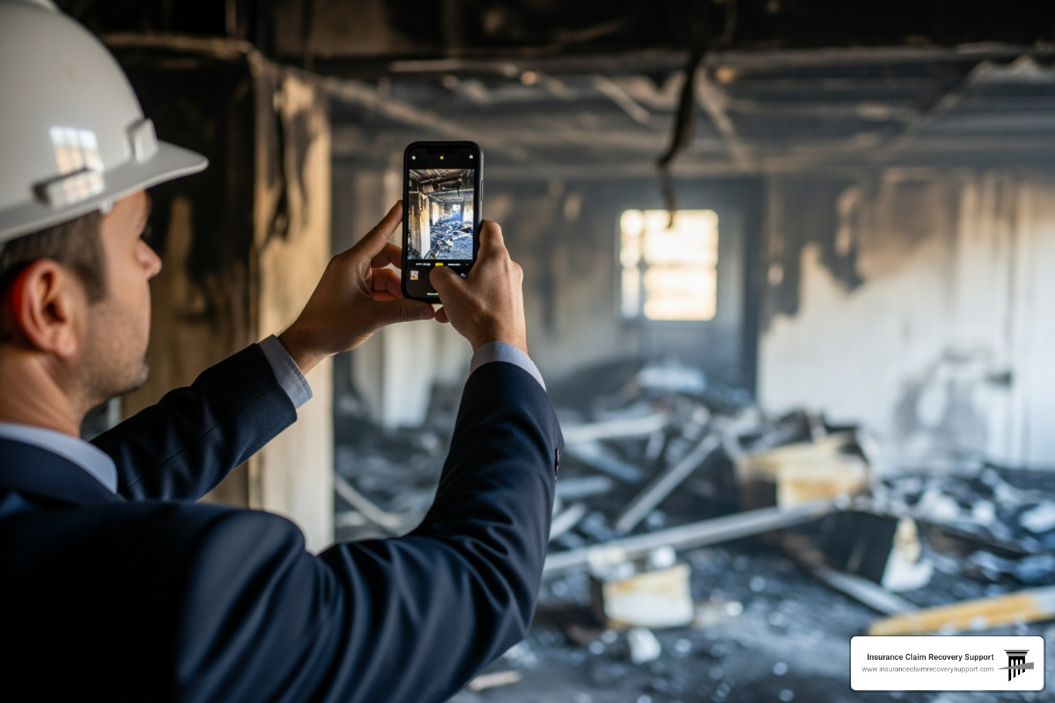 Property manager taking photos of fire damage with a smartphone - Fire damage adjuster