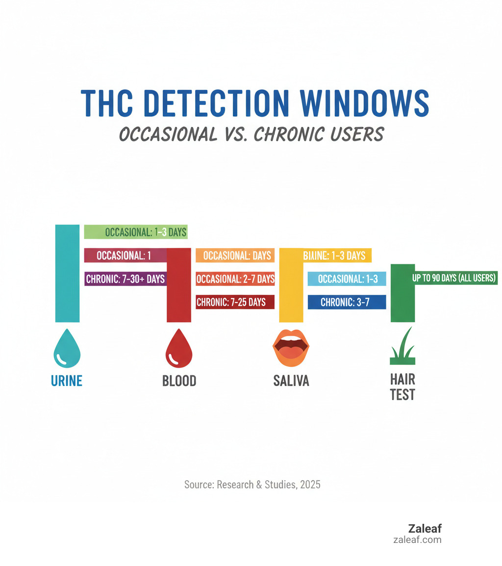 average detection windows for THC in urine, blood, saliva, and hair for occasional vs. chronic users - how long does thc stay in your system reddit infographic 