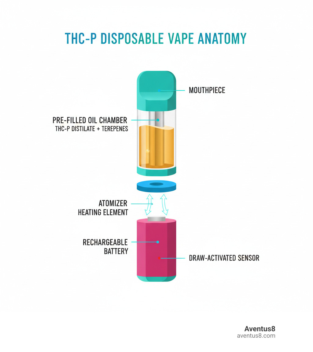 Infographic showing the anatomy of a THC-P disposable vape pen with labeled components including the mouthpiece at top, pre-filled oil chamber containing THC-P distillate and terpenes in the middle, atomizer heating element, rechargeable battery at the base, and draw-activated sensor, with arrows indicating airflow path from battery through atomizer to mouthpiece - THC-P disposable vapes infographic 