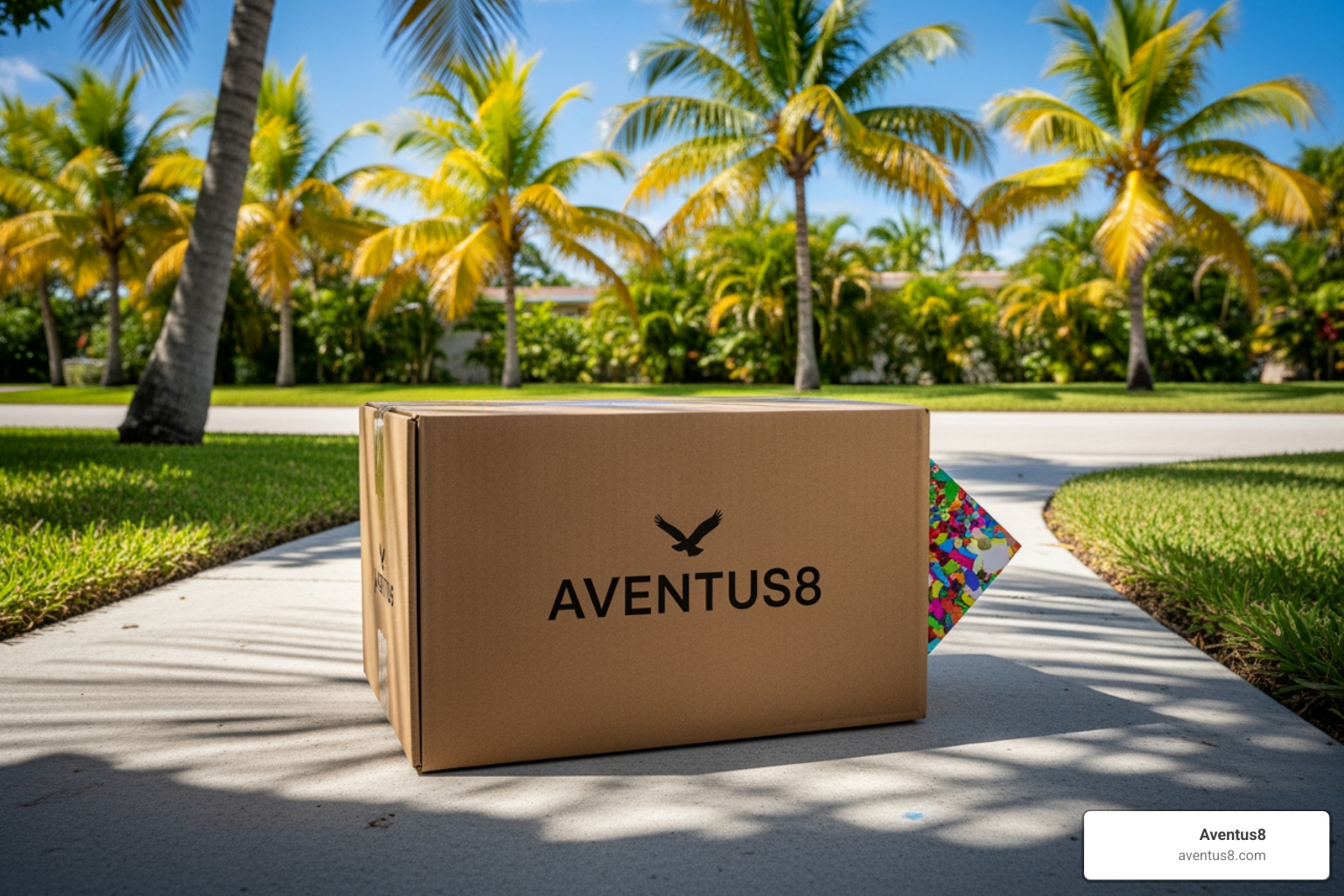 Image of an Aventus8 delivery package arriving at a doorstep in Hollywood, FL, with palm trees and a sunny sky in the background - THC-P disposable vapes